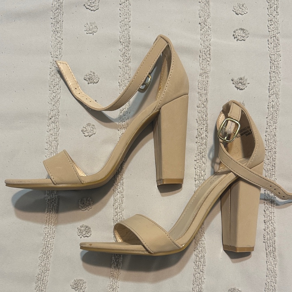 BAMBOO Tan Ankle Strap Heels